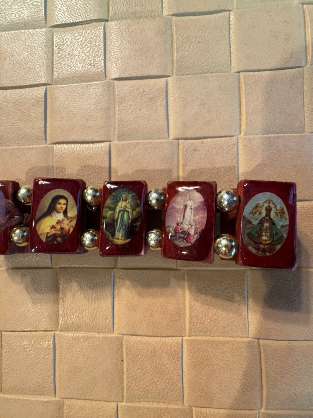 Rosary Bracelet with Assorted Religious Icons and Gold Beads Wood Stretch
